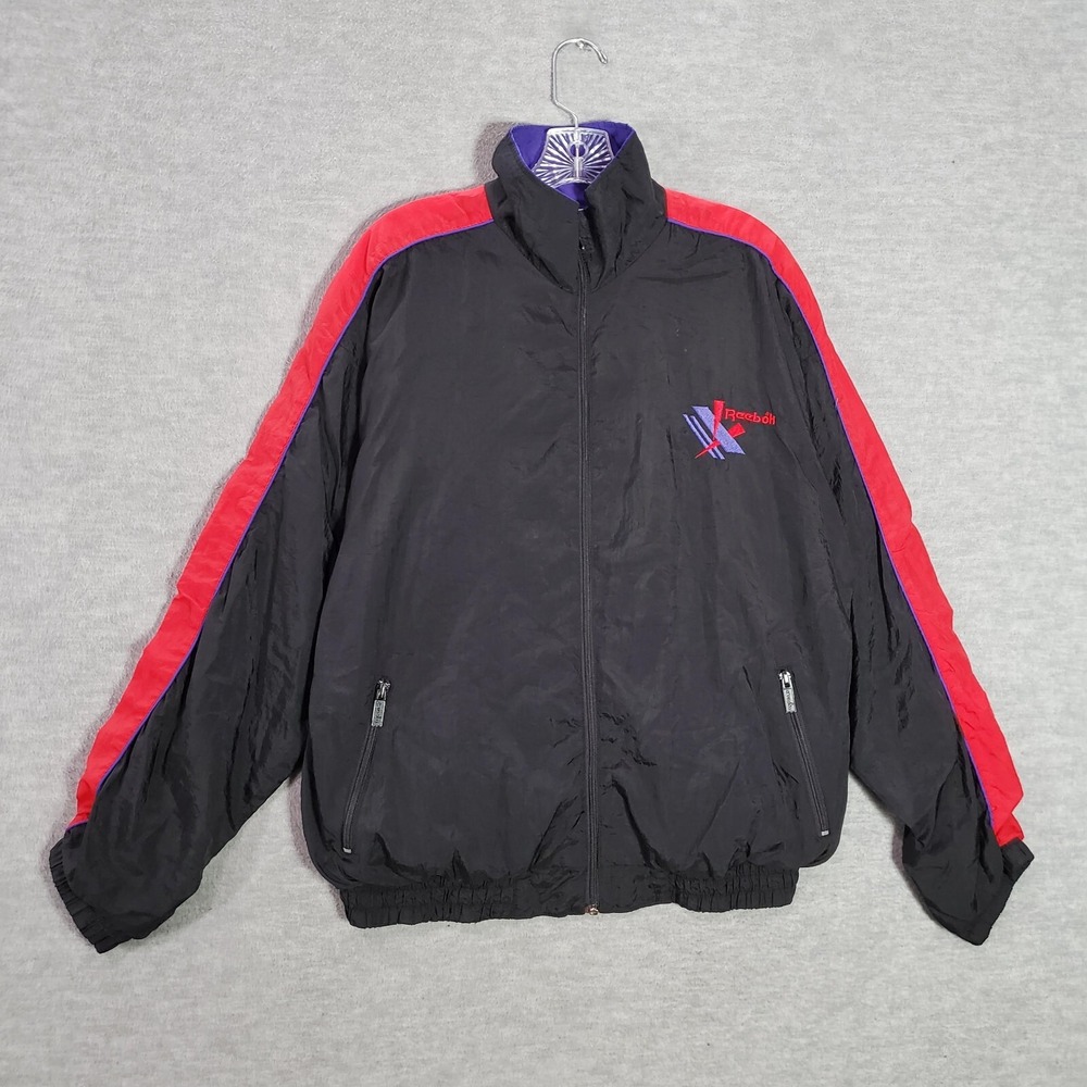 VINTAGE‎ Reebok Men Sweatshirt Medium Black Windbreaker Colorblock Full Zip